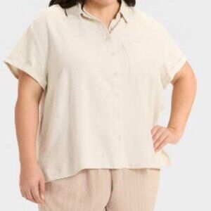 Ava & Viv Camp Shirt Women Plus Sz 1X Tan Linen Cap Sleeve Pocket Lagenlook New